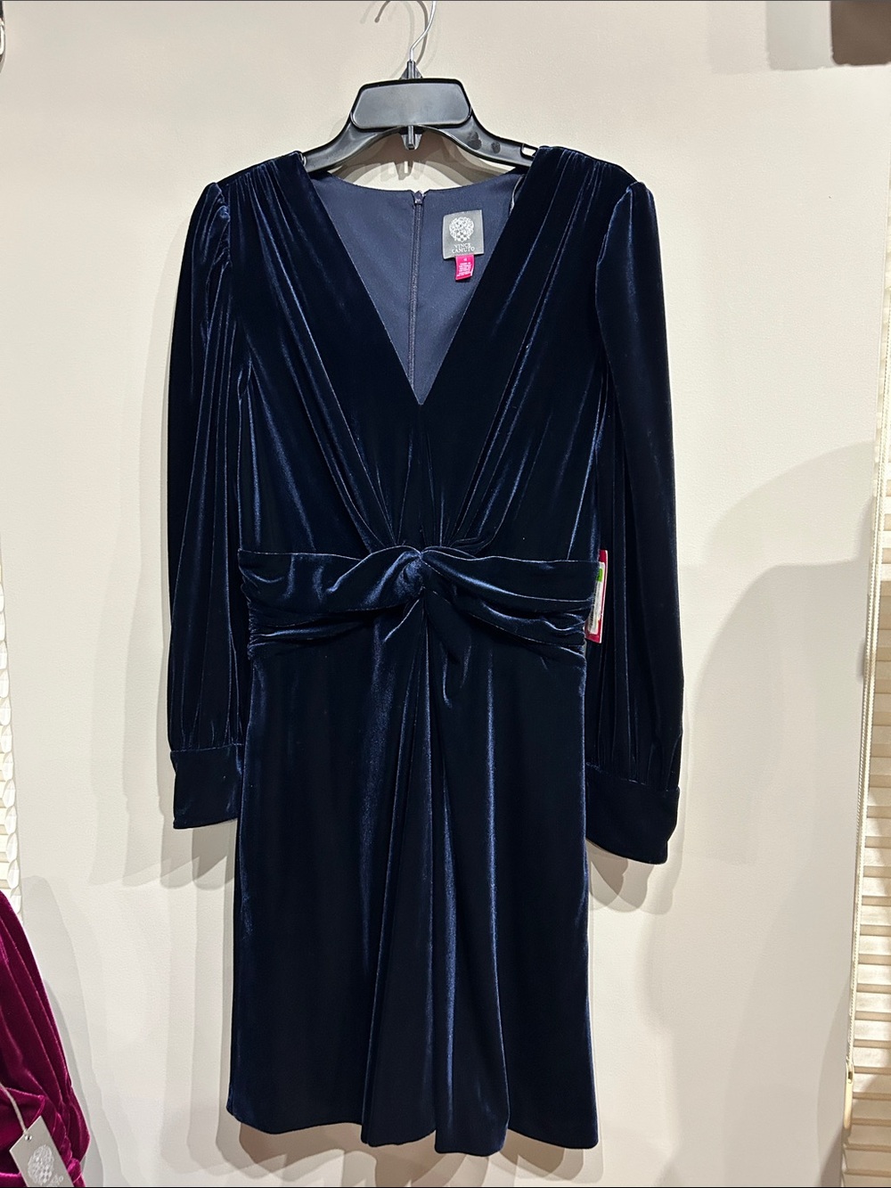 Vince Camuto Navy Velvet V-Neck Long Sleeve Knot-Waist Dress